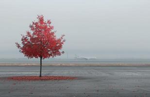 Autumn Tree With Pink Leaves in Foggy Airport Parking Lot photo