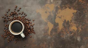 Coffee Beans Forming World Map With a Mug of Brewed Coffee photo