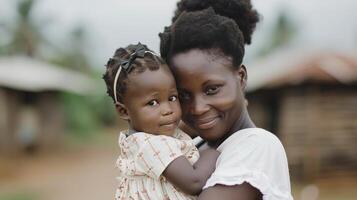 Mother Embracing Child in Rural Village During Overcast Day photo