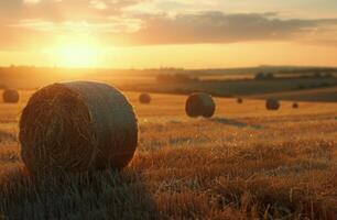 Hay Bales Resting in Golden Field at Sunset photo