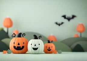 Charming Halloween Pumpkins in a Festive Landscape With Bats and Trees photo