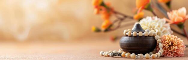 Decorative Candle, Pot, and Natural Elements on a Wooden Surface With Warm Background photo