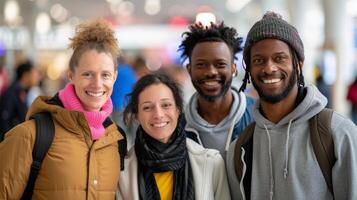 Group of Friends Smiling Together at an Airport Terminal During Daytime photo