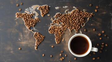 Coffee Beans Forming World Map With a Mug of Brewed Coffee photo