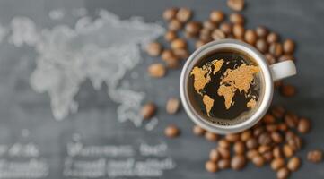 Coffee Beans Forming World Map With a Mug of Brewed Coffee photo