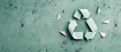 Recycling Symbol Made of Paper on Green Background photo