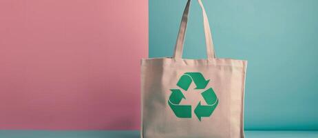 Reusable Shopping Bag With Green Recycling Symbol at a Natural Setting photo