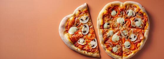 Heart-Shaped Pizza With Toppings Cut Into Slices On A Orange Background photo