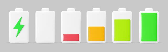 Battery charge indicators at different charge levels from empty to full. 3D realistic design. illustration vector