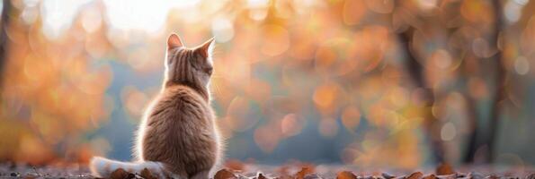 Ginger Cat Sitting in Autumn Leaves at Sunset in a Forest photo