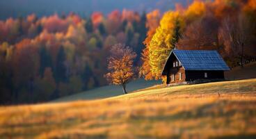 Rustic Barn Surrounded by Colorful Autumn Trees in Golden Hour Light photo