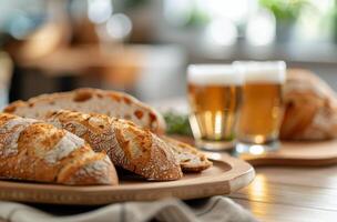 Freshly Sliced Whole Grain Bread Served With Craft Beers in a Cozy Setting photo