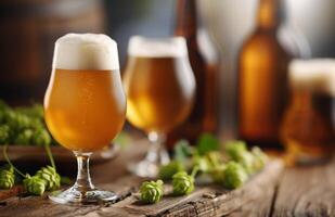 Craft Beer Glasses Surrounded by Fresh Hops on Rustic Wooden Surface photo