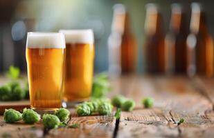 Craft Beer Glasses Surrounded by Fresh Hops on Rustic Wooden Surface photo