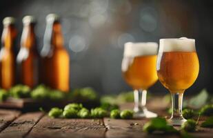 Craft Beer Glasses Surrounded by Fresh Hops on Rustic Wooden Surface photo
