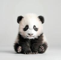 Adorable Baby Panda Sitting on Soft Fur Rug in Calm Indoor Setting photo