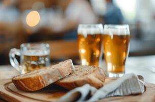 Freshly Sliced Whole Grain Bread Served With Craft Beers in a Cozy Setting photo
