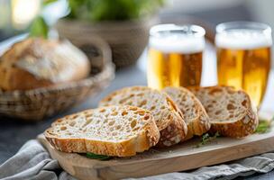 Freshly Sliced Whole Grain Bread Served With Craft Beers in a Cozy Setting photo