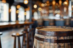 Rustic Wooden Barrel in a Warmly Lit Bar Interior With High Stools photo