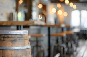 Rustic Wooden Barrel in a Warmly Lit Bar Interior With High Stools photo