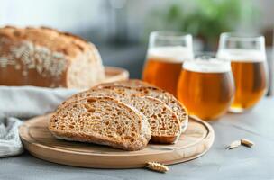 Freshly Sliced Whole Grain Bread Served With Craft Beers in a Cozy Setting photo