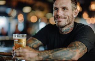 Young Man in Beanie Enjoying Beer at Cozy Bar During Evening Hours photo