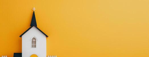 Small White Church With Black Spire Surrounded by Yellow Landscape and Autumn Trees photo