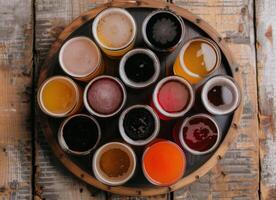 Assorted Craft Beers on a Wooden Tray in a Rustic Brewery Setting photo