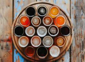 Assorted Craft Beers on a Wooden Tray in a Rustic Brewery Setting photo