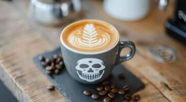 Decorative Skull Coffee Mug With Beans on a Cafe Counter photo