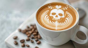 Decorative Skull Coffee Mug With Beans on a Cafe Counter photo