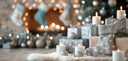 Cozy Winter Socks By The Fireplace Surrounded By Christmas Gifts photo