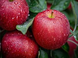 Fresh Red Apples Glistening With Water Drops on Green Leaves photo