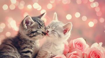 Two Adorable Kittens Snuggling Among Roses With Soft Pink Background photo