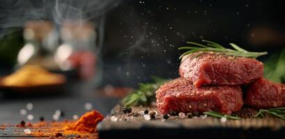 Freshly Sliced Raw Meat With Herbs and Bread on a Cutting Board photo