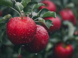 Fresh Red Apples Glistening With Water Drops on Green Leaves photo