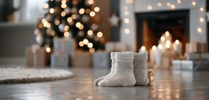 Cozy Winter Socks By The Fireplace Surrounded By Christmas Gifts photo