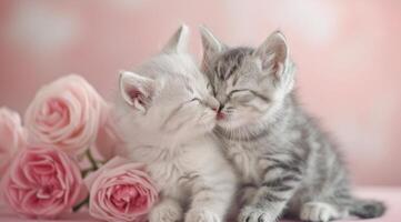 Two Adorable Kittens Snuggling Among Roses With Soft Pink Background photo