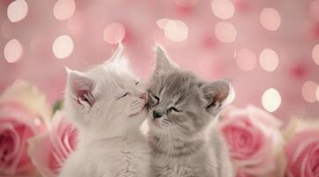 Two Adorable Kittens Snuggling Among Roses With Soft Pink Background photo