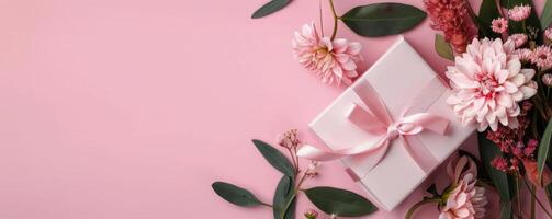 Gift Wrapped Package Surrounded by Colorful Flowers on a Pink Background photo