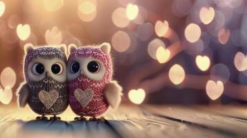Two Adorable Knitted Owls With Hearts on a Wooden Surface photo