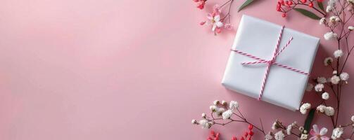 Gift Wrapped Package Surrounded by Colorful Flowers on a Pink Background photo