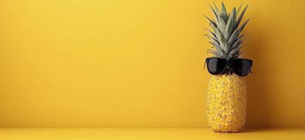 Pineapple Wearing Sunglasses on a Yellow Background With Tropical Leaves photo