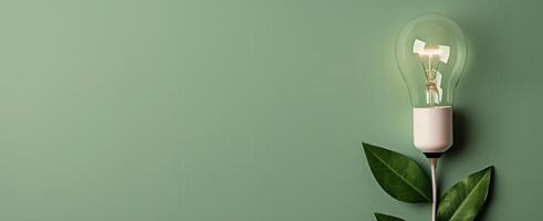 Eco-Friendly Lightbulb With Leaves Against a Green Background photo