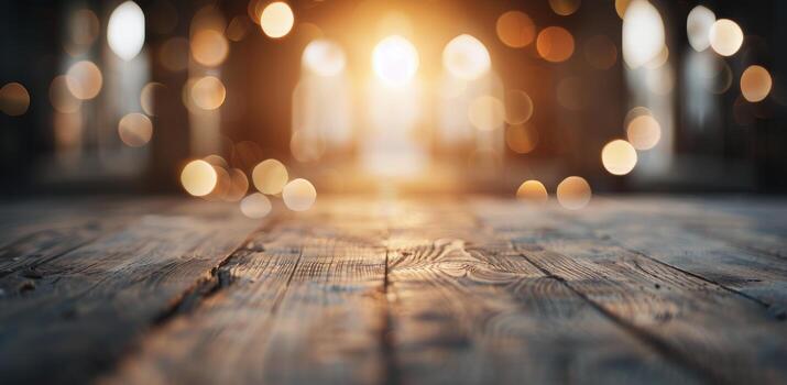 Wooden Table With Bokeh Background at Sunset in Urban Setting photo