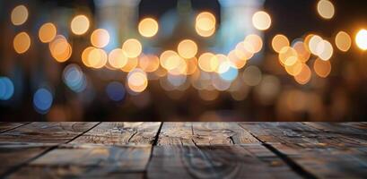 Wooden Table With Bokeh Background at Sunset in Urban Setting photo