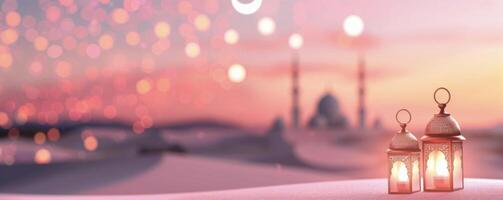 Soft Cherry Blossom Evening With Lanterns and Twinkling Lights at Sunset photo