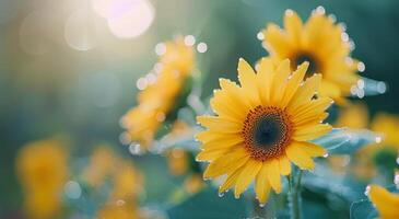 Sunflowers in Dewy Morning Light at a Garden photo