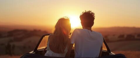 Romantic Sunset View From Convertible Car on a Countryside Road photo