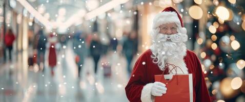 Festive Shopper Strolling Through Mall With Red Bag During Holiday Season photo